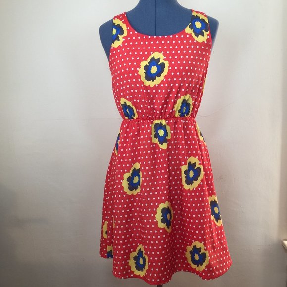 Everly Vintage Orange & White Polka Dot Dress w Abtract Floral Design Size Small - Picture 1 of 5